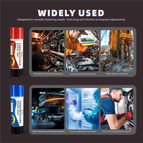 19g Medium Strength Blue Threadlocker Stick For Permanent Bolt And Nut Locking In Automotive And Machinery Repair With Clean Easy Application Delivers Strong Vibration Resistance For Valve Cover Bolts Water Pump Fasteners Oil Pan Hardware, shown with images of various industrial and household repair uses.