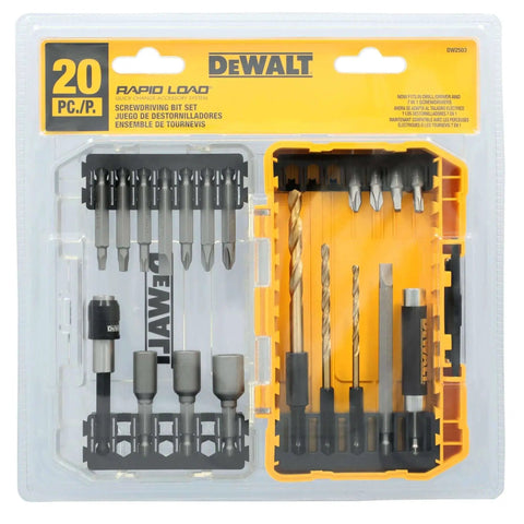 Heavy Duty Screwdriver Bit Set With Rapid Load Tin Case And Connectable Storage System For Easy Access 20 Piece Pro Grade Patented Bit Bar With Clear Lid And Clip Latch DeWalt package front view