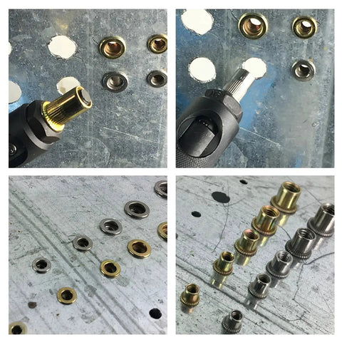 Installation and arrangement of 10-32UNC Rivet Nut Kit Carbon Steel Zinc Plated Knurled Body 200 Pcs on metal surface