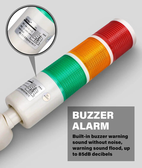 LED Warning Light Tower With Buzzer For CNC Machines And Tooling, Red Orange Green Indicator Alarm Stack, close-up of labeled beacon