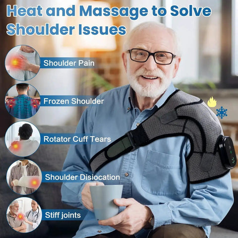 Senior man using Cordless Shoulder Heating Pad With Massage On The Go, highlighting shoulder pain relief benefits.