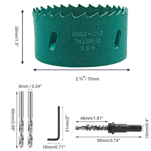 2.75 Inch Hole Saw With Arbor For Smooth As Butter Cuts In Wood Plastic Fiberboard Drywall Cornhole Boards HSS Bi Metal Cutter Kit By Qjaiune 70mm With Center Bits And Allen Wrench, showing hole saw, arbor, center bits, and Allen wrench.