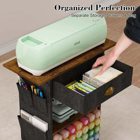 Mobile Craft Cart Organizer With Wheels For Cutting Tools Machines Vinyl Rolls And Heat Press Stand showing storage drawers