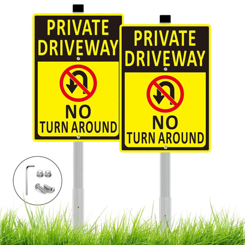 2 Pack No Turn Around Driveway Sign 14x10 Inch Heavy Duty Aluminum Private Driveway Signs With Long Stakes Rust Proof Weather Resistant Outdoor Yard Signs Yellow, shown installed in grass with fastening hardware.