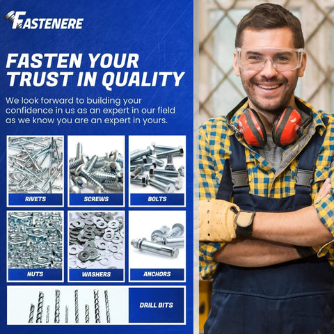Smiling worker in safety gear with Fastenere trust message and images of hardware like rivets, screws, bolts, displayed in foreground.