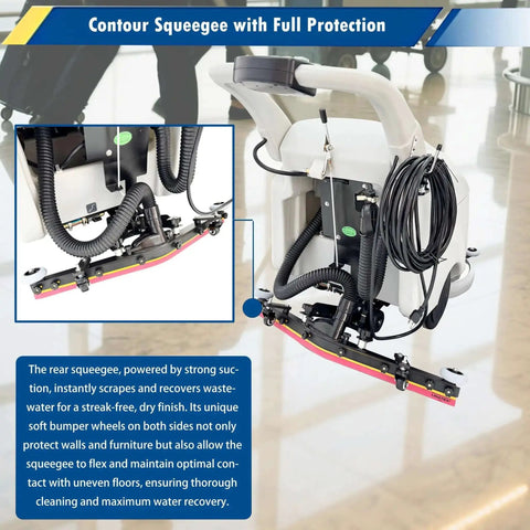 Image of Heavy Duty Industrial Corded Floor Scrubber Workhorse with contour squeegee attachment in a commercial space.
