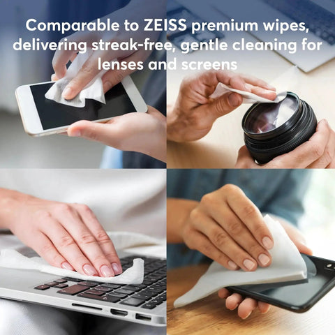 Collage of Lens Cleaning Wipes Pre Moistened And Individually Wrapped Safe For Eyeglasses used on phone, camera, keyboard, and screen.