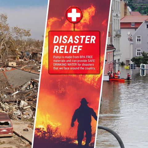 Image showing disaster relief efforts with a focus on using pump made from BPA-free materials for safe water provision.