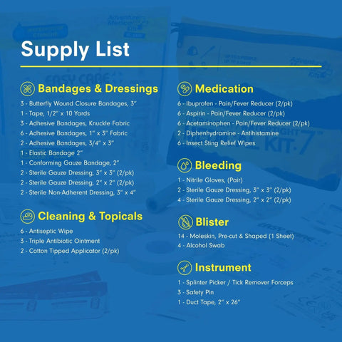 Supply list for Ultralight Waterproof Medical Kit For Up To 3 People And 3 Days With DryFlex Bag by Adventure Medical Kit