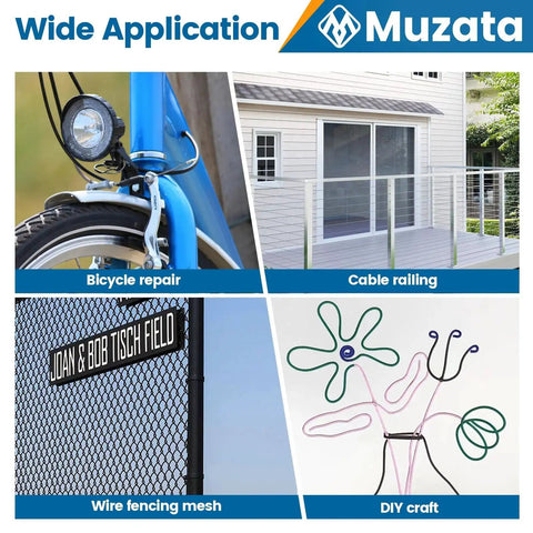 Muzata Heavy Duty Stainless Steel Cable Cutter for wire rope, showing applications for bike repair, cable railing, fencing, and craft.