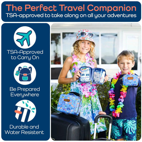 Two children holding Compact Travel First Aid Kit For Kids With Sixty-Piece Set And Latex-Free Bandages, TSA Approved, kid-friendly design.
