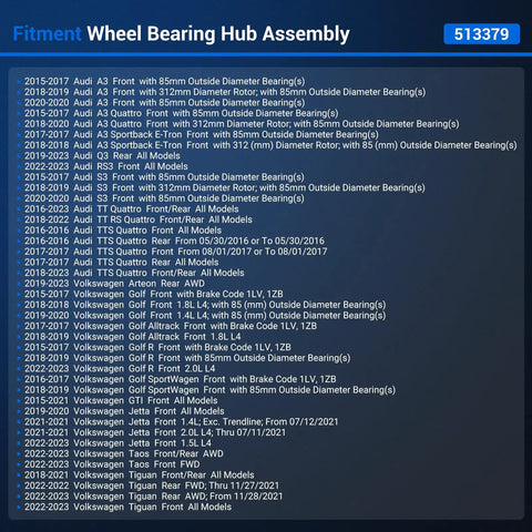 Fitment chart for Wheel Bearing Hub Assembly Set For Audi A3 Q3 RS3 S3 And VW Jetta Tiguan Golf GTI Taos Arteon 2015 To 2023