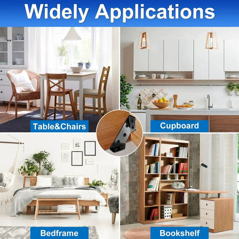 Image showing applications of Heavy Duty Wood Corner Brackets With 150 Screws 25 Piece Set in tables, cupboards, bedframes, bookshelves.