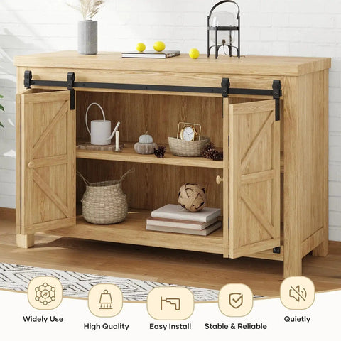 Wooden cabinet with 4 Ft Cabinet Bi-Folding Sliding Barn Door Hardware Track Kit For 4 Doors, carbon steel, black powder coat, no doors.