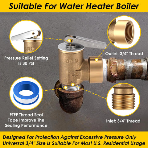 Gulfmew 30 PSI brass pressure relief valve with 3/4 in NPT inlet/outlet, lever, on copper pipe with PTFE tape