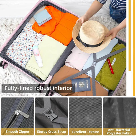 3 Piece Luggage Set For Women With Hardside PP Suitcases And Duffle Bag, Carry-On Size With 360 Degree Spinner Wheels And TSA Lock, open suitcase packed with clothes and hat
