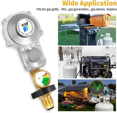 Image showing a Two Stage Propane Regulator With Gauge For RVs Campers And Generators GGC in use with grills and generators.