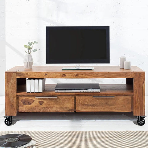Wooden TV stand with Three Inch Plate Caster Wheel Set With Cast Iron Swivel Plate Casters And Dual Locking For Vintage TV Stands
