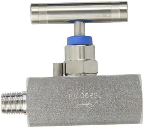 316 stainless steel straight needle valve with T-handle and blue cap, 1/4 in NPT ports, 10000 psi