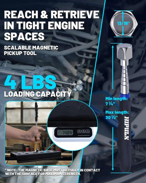 Image showing Magnetic Tool Mat Set With Four Magnetic Pads, 40 Pound Capacity, Telescoping Magnetic Pickup Tool And 360 Degree Inspection Mirror. Telescoping tool in workshop.