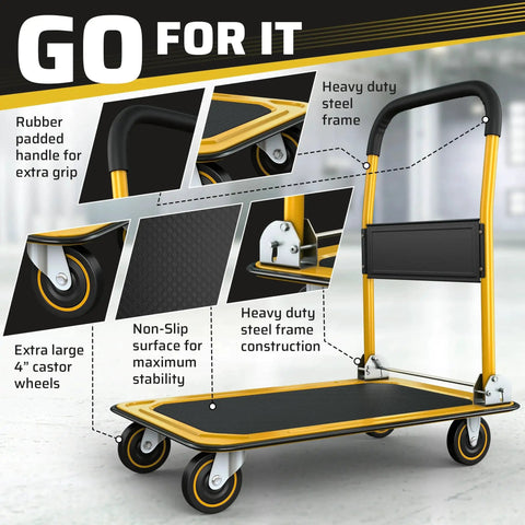Heavy Duty Foldable Push Cart Dolly 330 Lb Capacity With Upgraded Collapsible Hand Truck Folding Platform Swivel Wheels Yellow