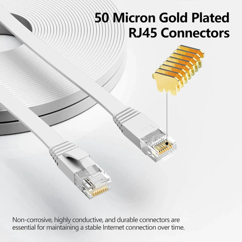 Flat Cat6 Ethernet Cable 50 Ft RJ45 Patch Cable For High Speed Internet with gold plated RJ45 connectors