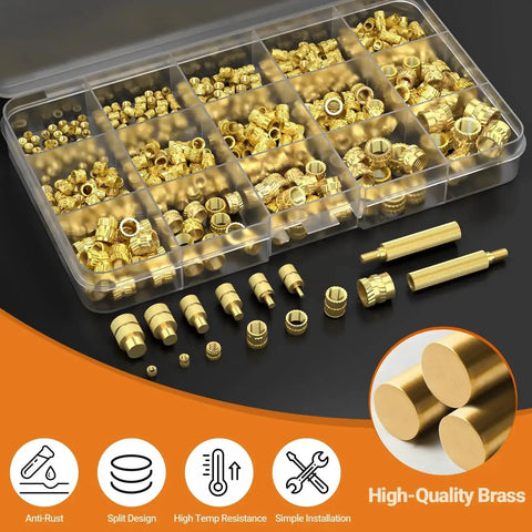 All In One Heat Set Threaded Inserts Kit With 300Pcs M2 M3 M4 M5 M6 M8 Inserts 100W Digital Soldering Iron Stand And Tweezers Great For 3D Printer Parts And Plastic Projects showing various brass inserts and tools in a plastic case.