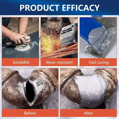 Product efficacy of Two Pack Strong Foundry Glue For Metal Heavy Duty Repair Adhesive shown in sandable, wear-resistant, fast-curing applications.