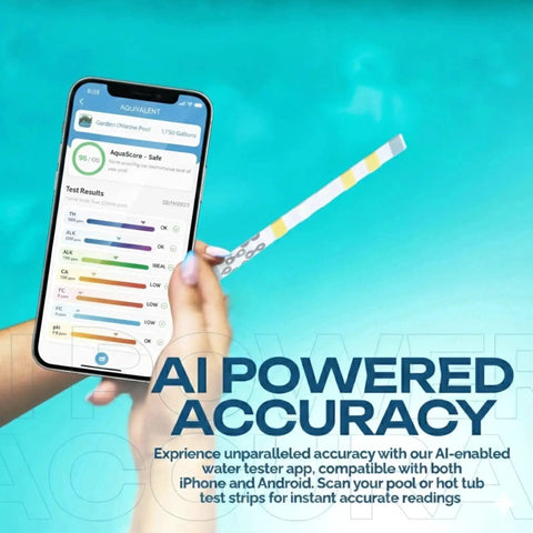 All In One Pool And Spa Water Test Kit With AI Powered App displayed with smartphone scanning test strip for accuracy.