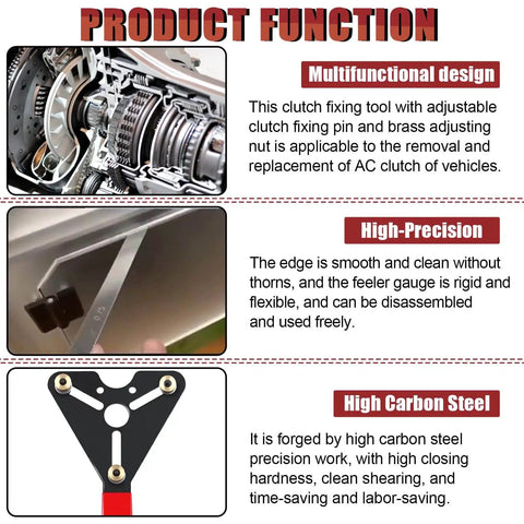 Heavy Duty Auto Clutch Holding Tool Kit With Adjustable Clutch Holder Snap Ring Pliers 4 Interchangeable Jaws 32 Steel Feeler Gauge And 4 In 1 Pliers Set For Car Maintenance And Gearbox Repair Pro Grade Shop Ready image showing product functions