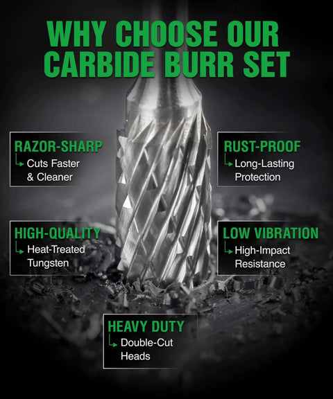 Close-up of Carbide Burr Set With Quarter Inch Shank, 10 Piece Double Cut Die Grinder Bits showcasing features like sharpness and durability.