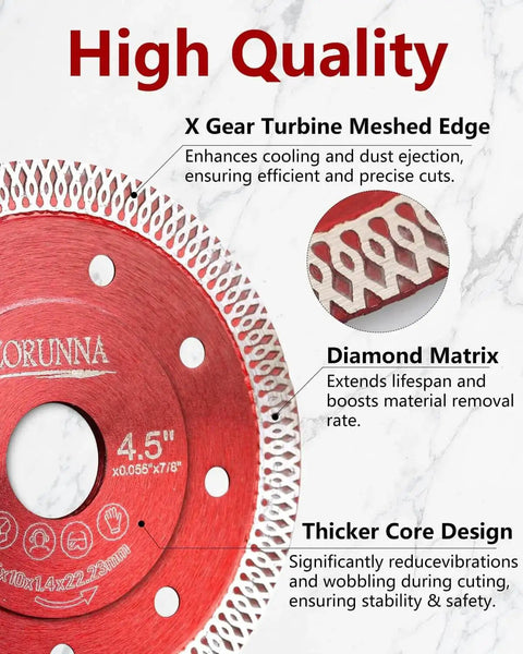 Ultra Thin Diamond Saw Blades For Angle Grinder Four And One Half Inch Tile Cutting Disc Set Of 5 With X Teeth Turbo Rim For Porcelain Ceramic Granite Marble Ultra Thin And Durable For Clean Cuts And Minimal Chipping red blade on marble background
