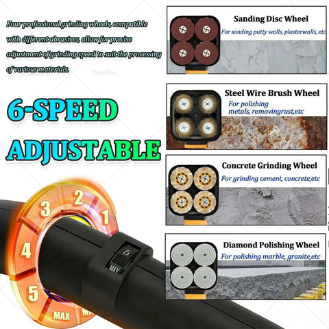 Close-up of Heavy Duty Floor Concrete Polisher And 4 Head Grinder With Wet Dry Mode featuring 6-speed control and grinding wheel options for tile, concrete, and metal descaling.