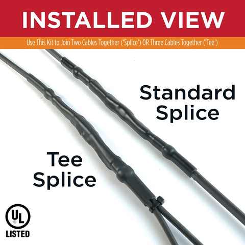 Heat cable splice kit with two black self-regulating cables and tee/splice connectors, UL Listed.