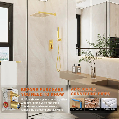 Gold Shower System With 10 Inch Rain Showerhead And Handheld Spray, Wall Mounted High Pressure Shower Head Set Including Valve And Trim, Brushed Gold Finish, 304 Stainless Steel Construction, Easy Install For A Spa Like Shower Experience By HoliSpa