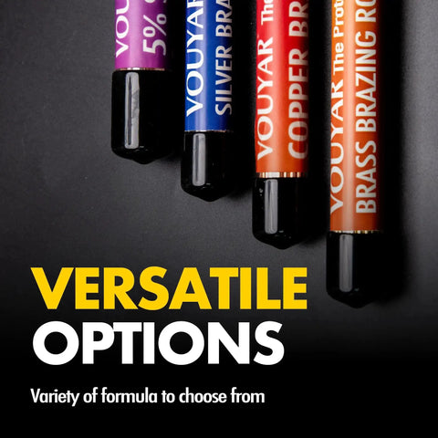 Close-up of various brazing rods including silver, copper, and brass options on a dark background with text versatile options.