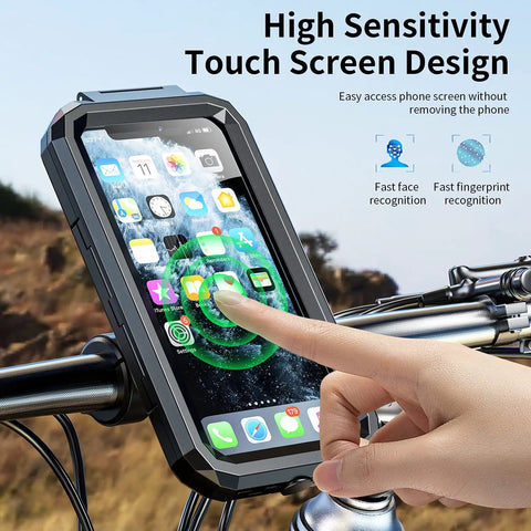 Person using IP66 Waterproof Bike Phone Mount With Aluminum Alloy Handlebar Base, Touchscreen Motorcycle Holder on bike handlebar