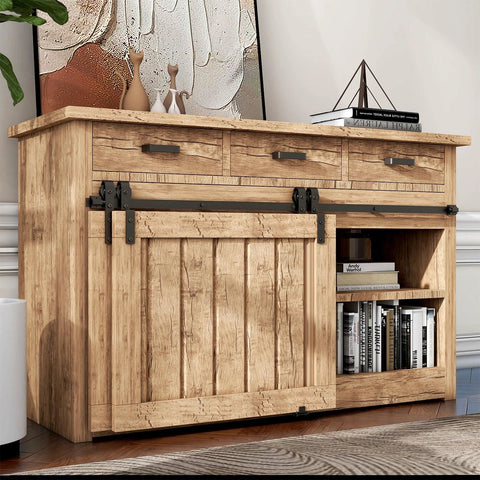 Wooden cabinet with sliding barn door, books and decor items on top, showcasing 4Ft Bypass Mini Barn Door Hardware Kit DIY Ready For Double Sliding Doors Roller Set In Black Coated Steel Hardware Only Not Included Door Great For Closets Storage Windows TV Stand Cabinets Fits Doors Up To 27 Inches Wide And Half Inch Thick in use