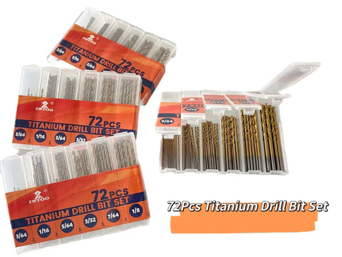 72-piece titanium drill bit set in transparent plastic case, various sizes labeled, by INTOO