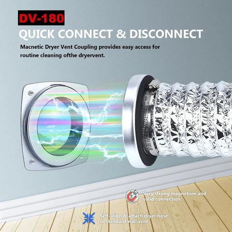 Magnetic Dryer Vent Connector Kit With Self Alignment And No Fuss Quick Connect DV180 coupling attached to wall duct