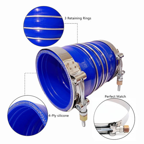 Blue 4x6 inch silicone charge air cooler hump hose with T-bolt clamps; 2-pack for Class 7–8 trucks.