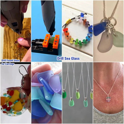 Collage showing uses of Top Notch Diamond Drill Bits Set Ten Pieces for drilling fused glass and sea glass jewelry.