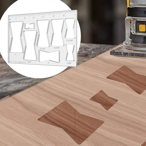 Eight In One Router Template Kit For Woodworking With Bowtie And Butterfly Inlay Jigs, displayed with bow tie inlays on wood surface.
