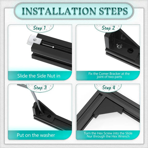 Installation steps for 2040 Aluminum Extrusion Connector Kit For 20x20mm Frames with 30 black corner brackets and 122 M5 T Nuts.