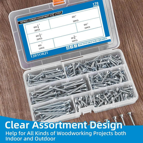 Drywall And Wood Screw Kit, 170 Piece Assortment Of Self Tapping Phillips Flat Head Screws In Three Quarter Inch To Two Inch Sizes Includes One And One Quarter Inch And One Half Inch For Hanging Pictures And Metal Shelves Silver Finish in open case
