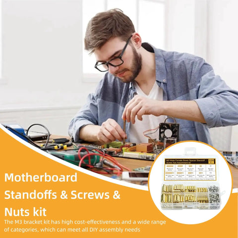 Man assembling electronics with 330 pcs M3 brass standoffs and screws nuts kit for DIY PC build Raspberry Pi projects.