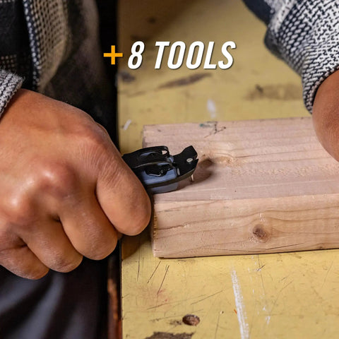 Person using Prybrid 8 In 1 Multi Tool Knife With Wire Stripper Bottle Opener Pocket Clip on wooden surface.