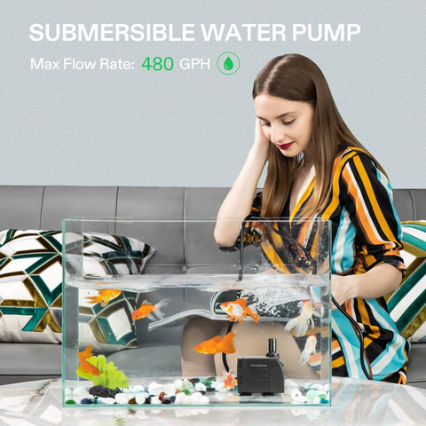 VIVOSUN 480GPH submersible water pump in a glass fish tank, black compact unit with power cord beside goldfish.