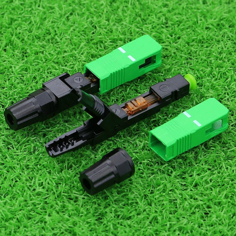 SC APC optical fiber quick connector set with green housings, black bases, 10 pcs for CATV network.