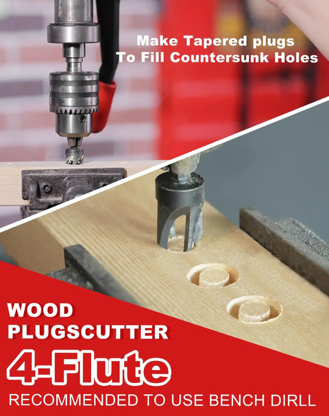 All In One Countersink Drill Bit Set For Woodworking With Fifteen Pieces Including Seven Tapered Bits And Two Wood Plug Cutters Quick Change One Quarter Inch Hex Shank Durable Storage Box EZARC in use on wood